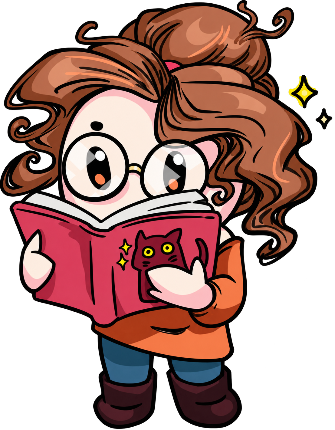 Illustrated character reading a book.